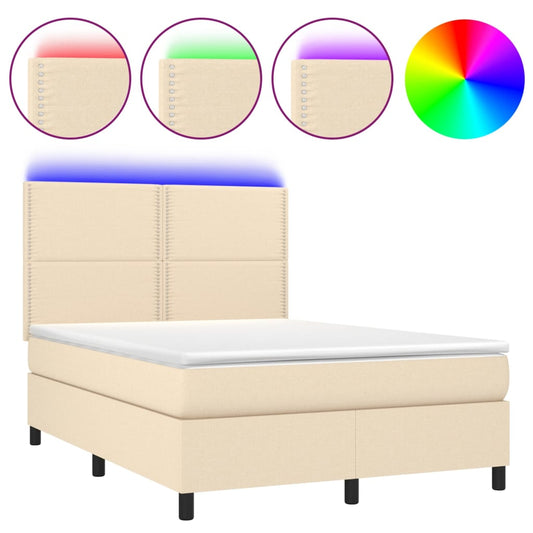 vidaXL Κρεβάτι Boxspring με Στρώμα & LED Κρεμ 140x200 εκ. Υφασμάτινο