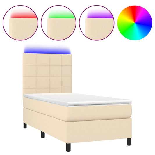 vidaXL Κρεβάτι Boxspring με Στρώμα & LED Κρεμ 90x190 εκ. Υφασμάτινο