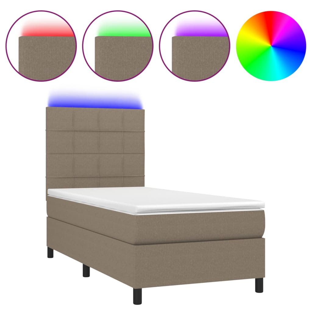 vidaXL Κρεβάτι Boxspring με Στρώμα & LED Taupe 90x200 εκ. Υφασμάτινο