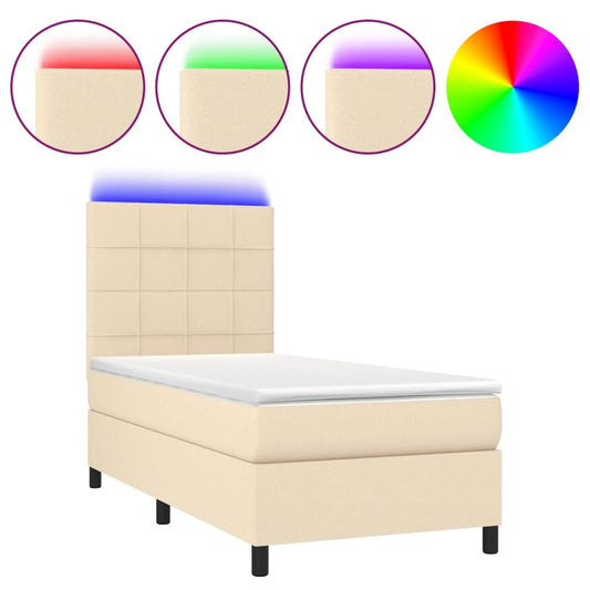 vidaXL Κρεβάτι Boxspring με Στρώμα & LED Κρεμ 100x200 εκ. Υφασμάτινο