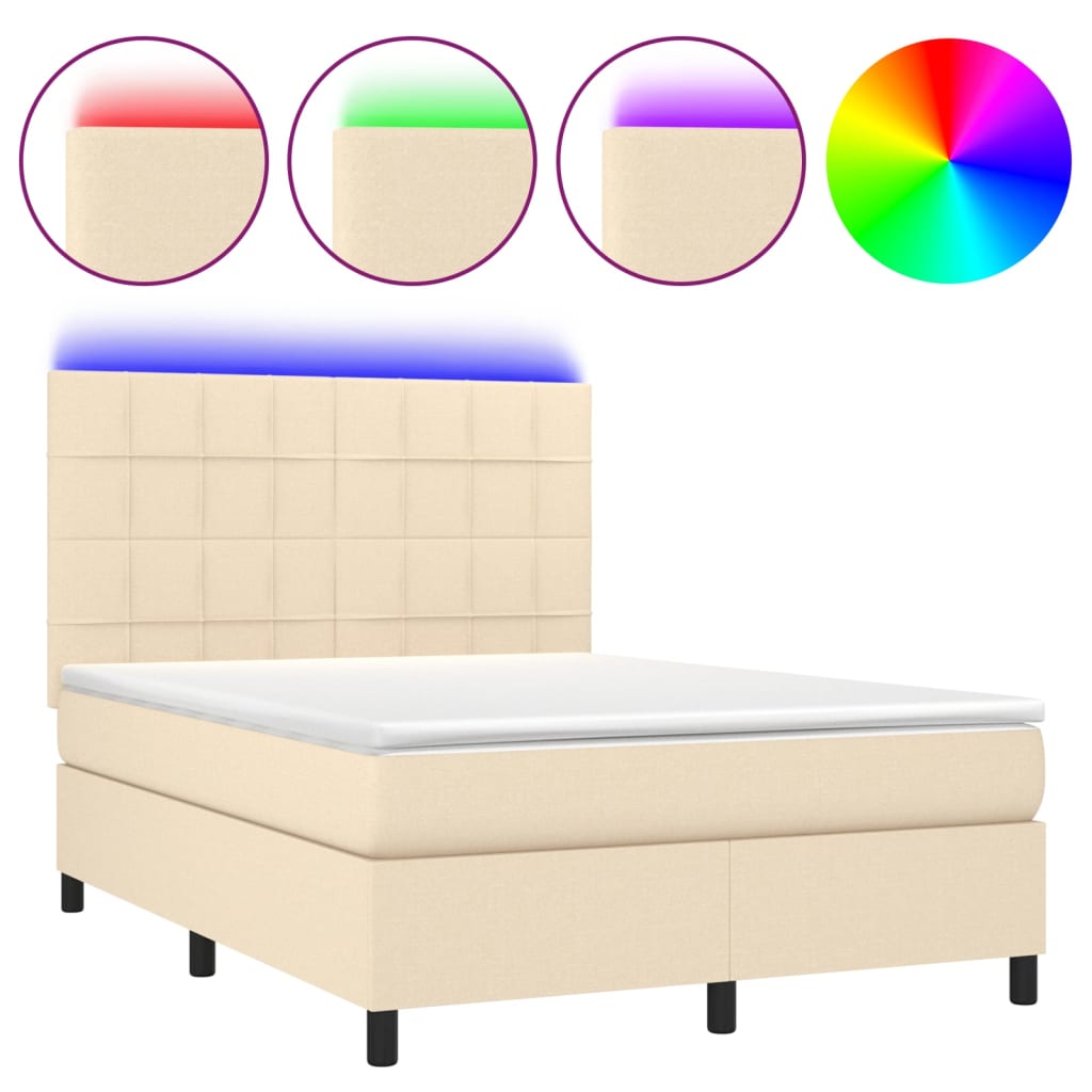 vidaXL Κρεβάτι Boxspring με Στρώμα & LED Κρεμ 140x190 εκ. Υφασμάτινο
