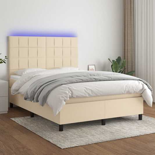 vidaXL Κρεβάτι Boxspring με Στρώμα & LED Κρεμ 140x190 εκ. Υφασμάτινο