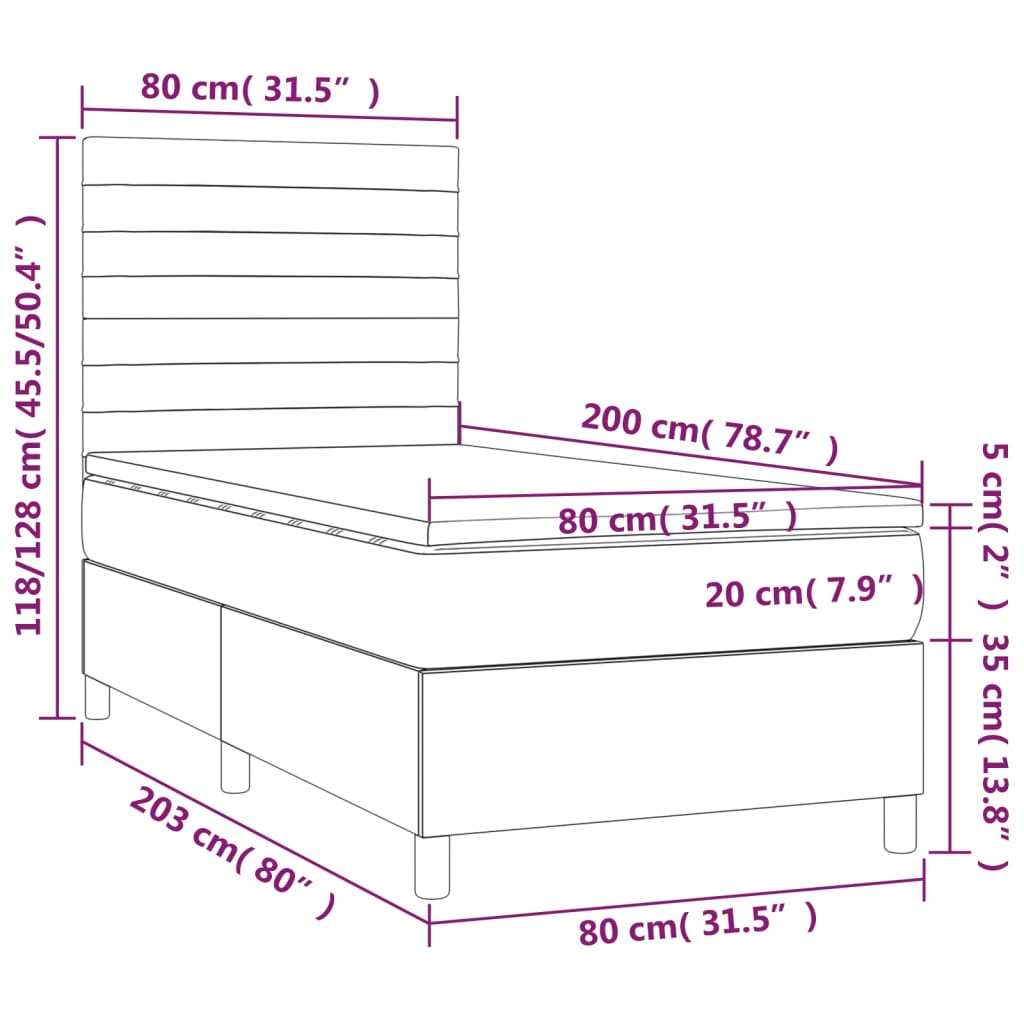 vidaXL Κρεβάτι Boxspring με Στρώμα & LED Μαύρο 80x200 εκ. Υφασμάτινο
