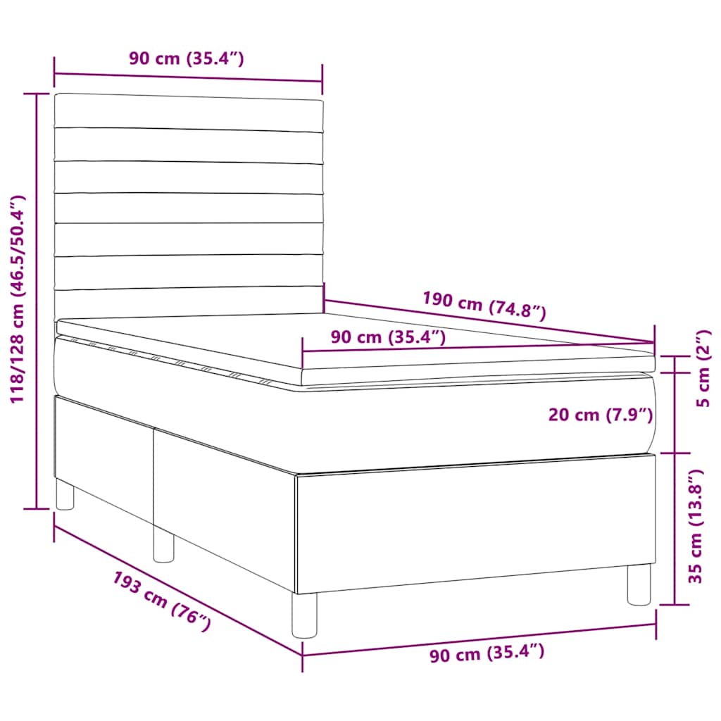 vidaXL Κρεβάτι Boxspring με Στρώμα & LED Taupe 90x190 εκ. Υφασμάτινο