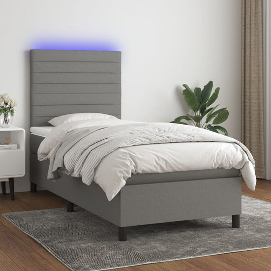 vidaXL Κρεβάτι Boxspring με Στρώμα & LED Σκ.Γκρι 90x200 εκ. Υφασμάτινο