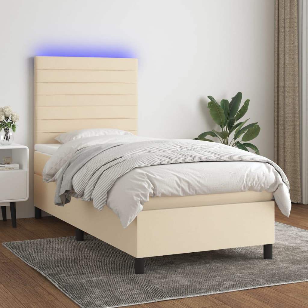 vidaXL Κρεβάτι Boxspring με Στρώμα & LED Κρεμ 100x200 εκ. Υφασμάτινο
