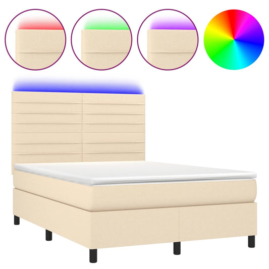 vidaXL Κρεβάτι Boxspring με Στρώμα & LED Κρεμ 140x190 εκ. Υφασμάτινο
