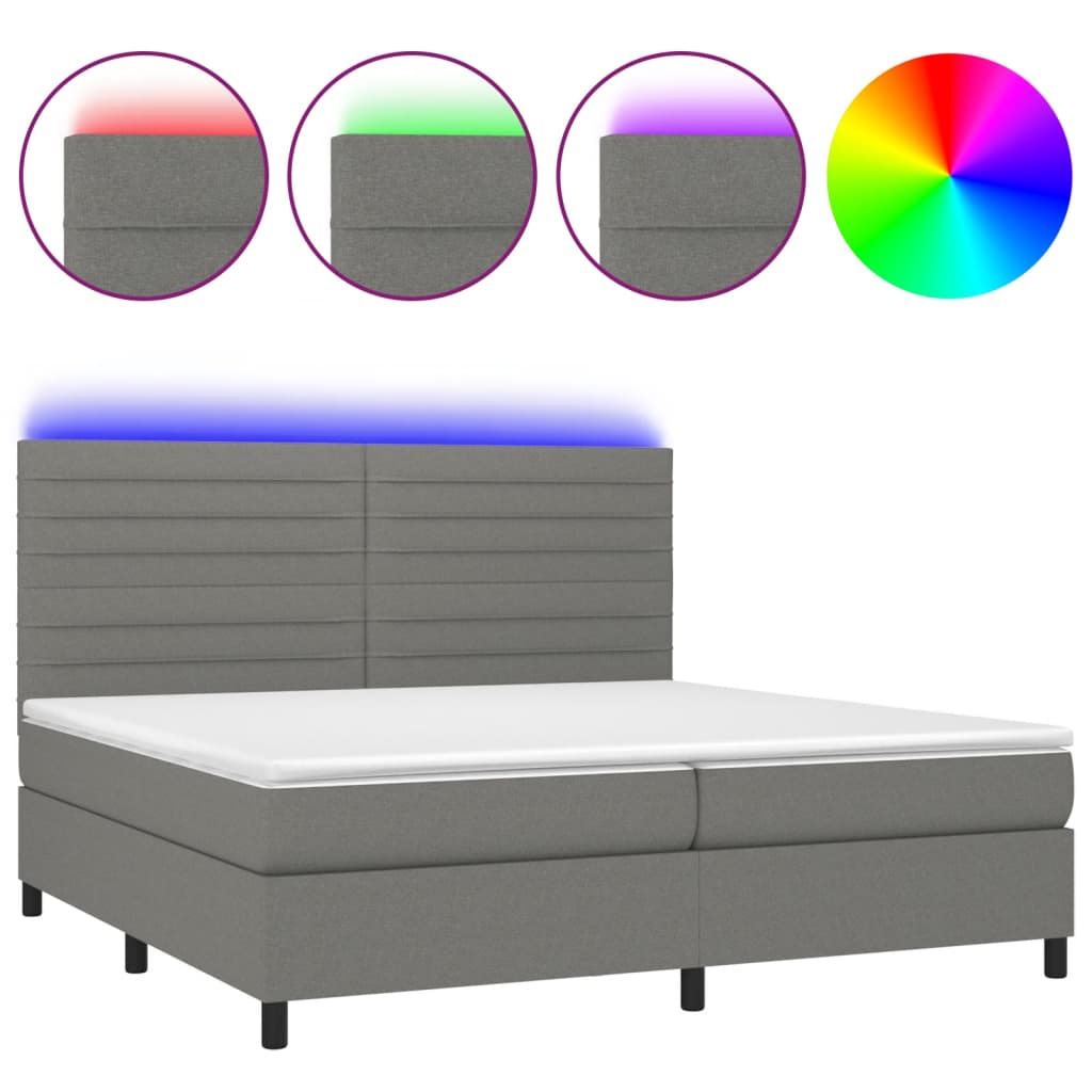 vidaXL Κρεβάτι Boxspring με Στρώμα & LED Σκ.Γκρι 200x200εκ. Υφασμάτινο