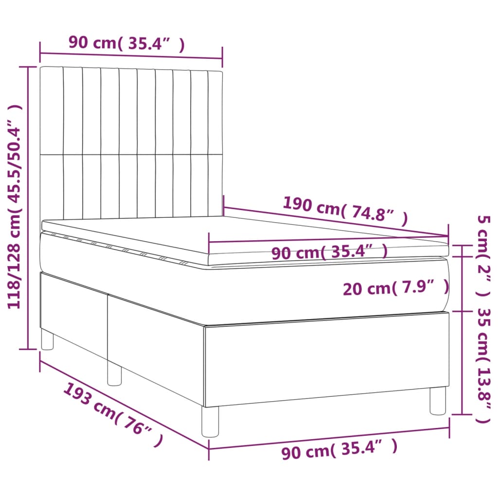 vidaXL Κρεβάτι Boxspring με Στρώμα & LED Taupe 90x190 εκ. Υφασμάτινο