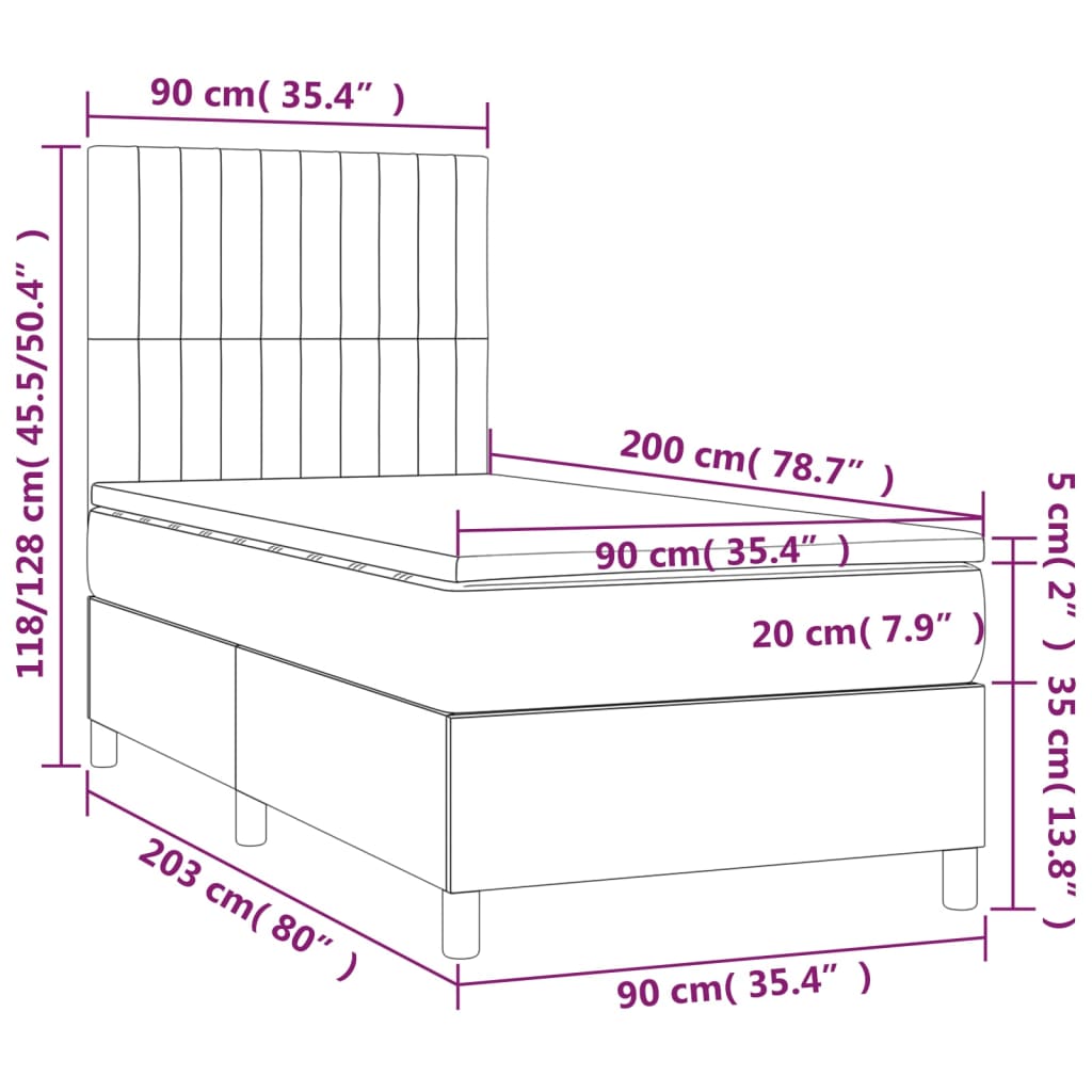 vidaXL Κρεβάτι Boxspring με Στρώμα & LED Σκ.Καφέ 90x200 εκ. Υφασμάτινο