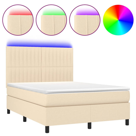 vidaXL Κρεβάτι Boxspring με Στρώμα & LED Κρεμ 140x200 εκ. Υφασμάτινο
