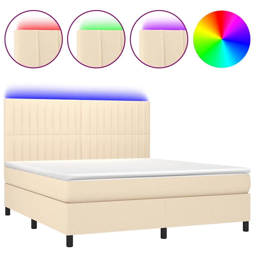 vidaXL Κρεβάτι Boxspring με Στρώμα & LED Κρεμ 180x200 εκ. Υφασμάτινο