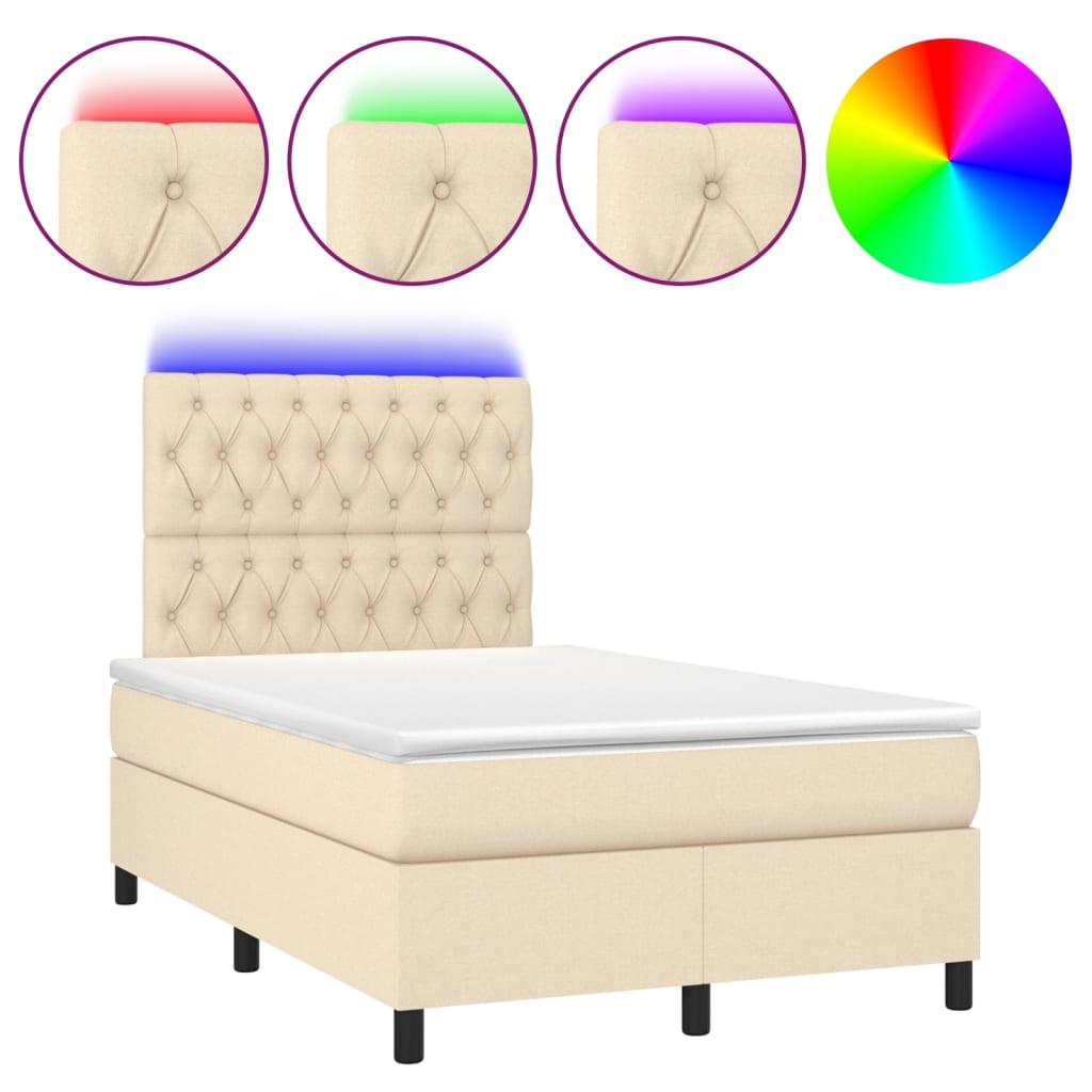 vidaXL Κρεβάτι Boxspring με Στρώμα & LED Κρεμ 120x200 εκ. Υφασμάτινο