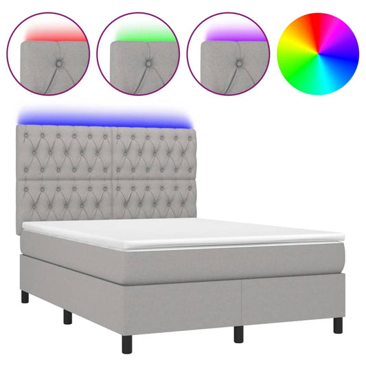 vidaXL Κρεβάτι Boxspring με Στρώμα & LED Αν.Γκρι 140x190εκ. Υφασμάτινο