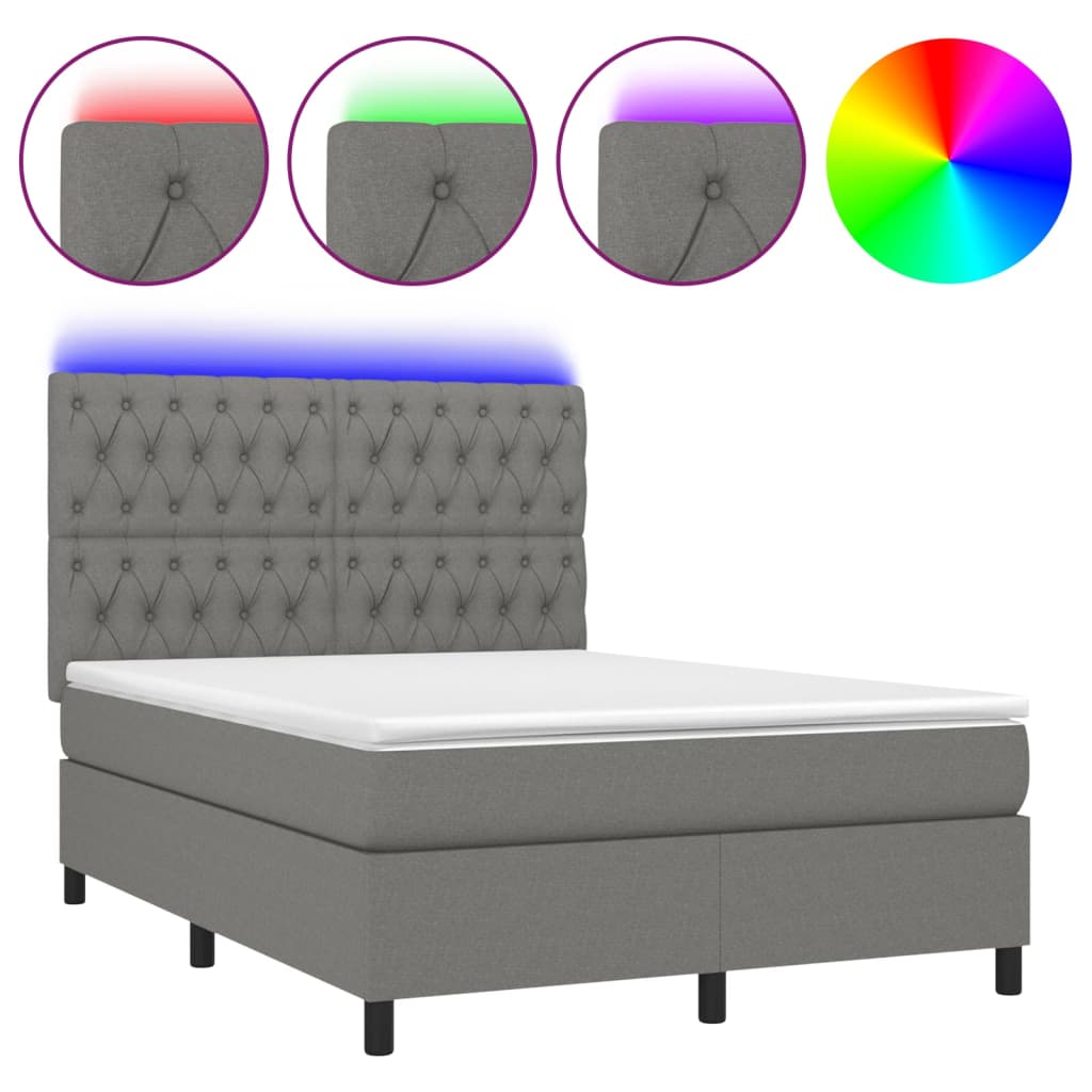 vidaXL Κρεβάτι Boxspring με Στρώμα & LED Σκ.Γκρι 140x190εκ. Υφασμάτινο