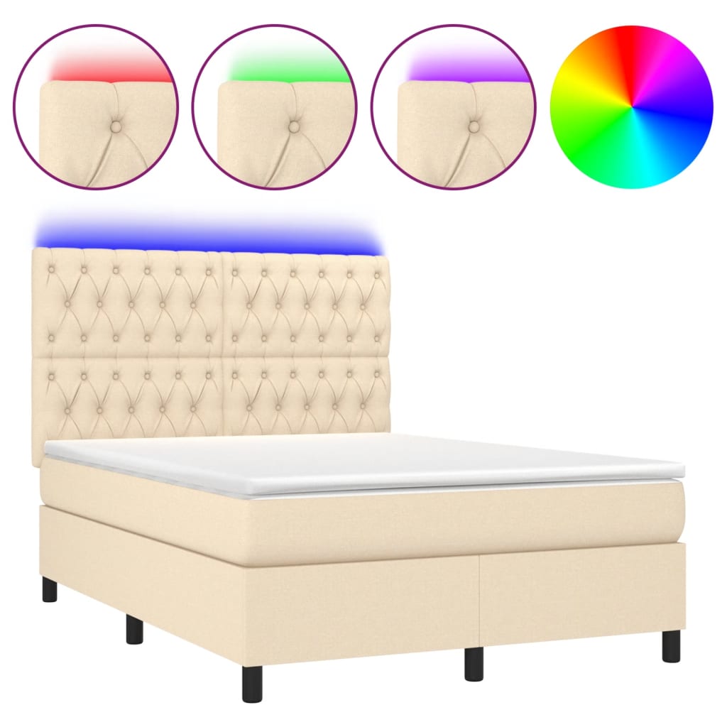 vidaXL Κρεβάτι Boxspring με Στρώμα & LED Κρεμ 140x190 εκ. Υφασμάτινο