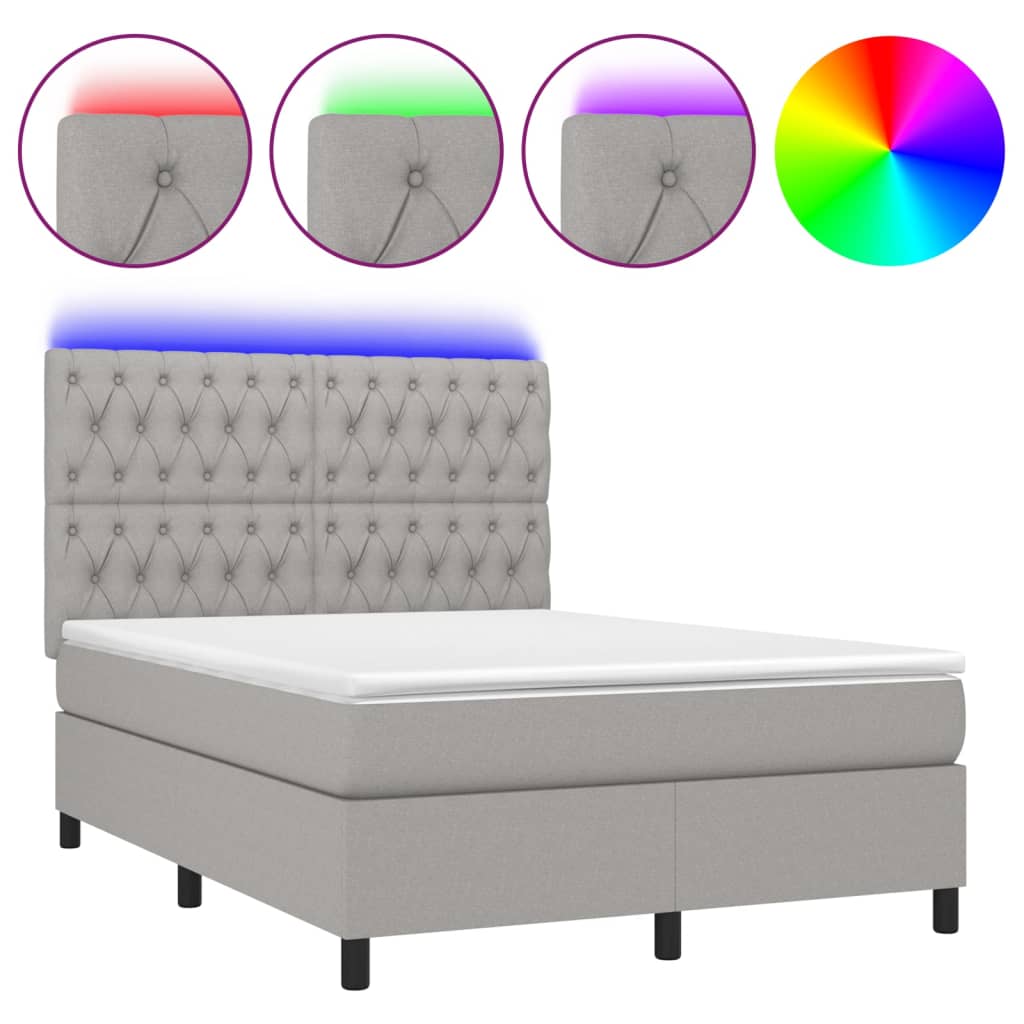 vidaXL Κρεβάτι Boxspring με Στρώμα & LED Αν.Γκρι 140x200εκ. Υφασμάτινο