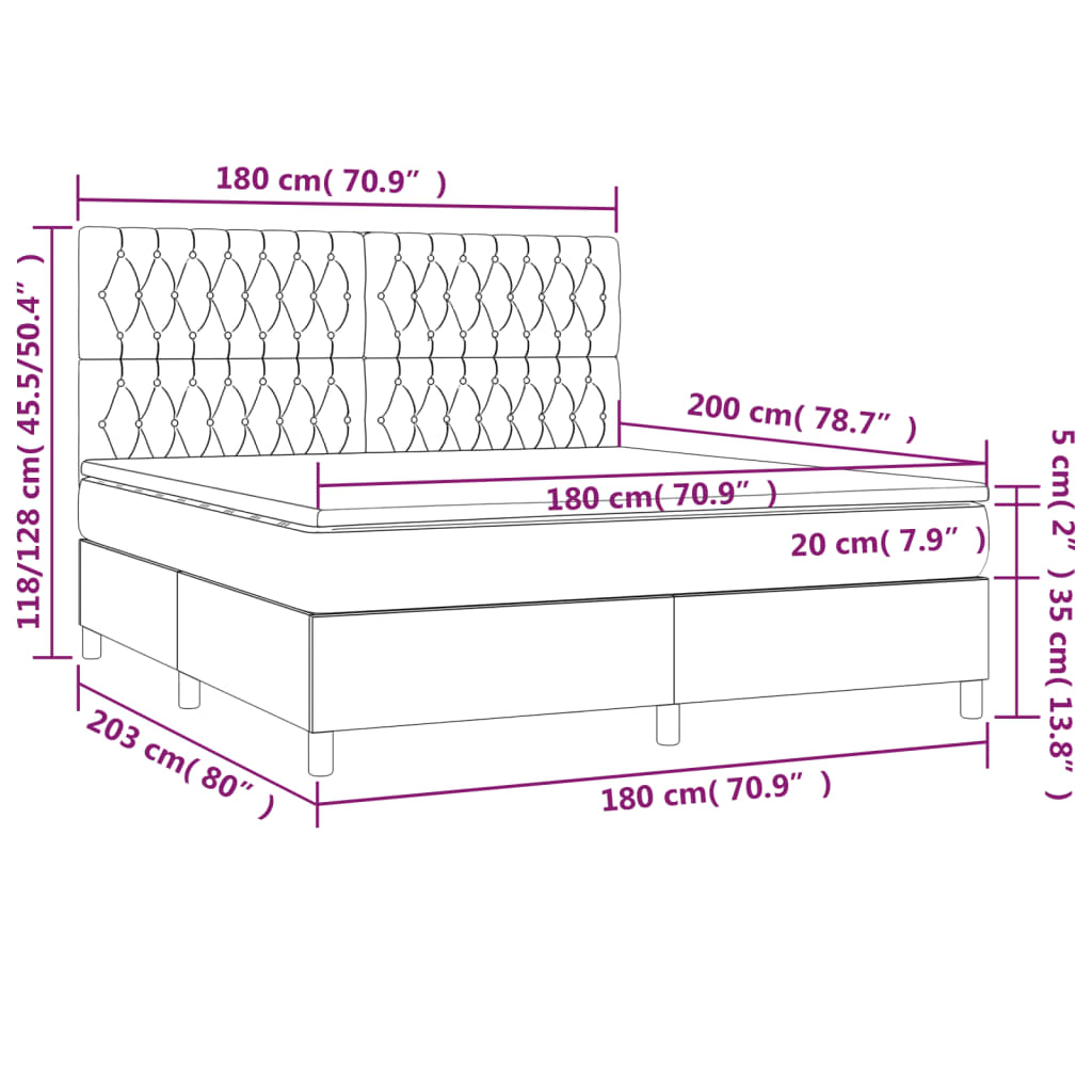 vidaXL Κρεβάτι Boxspring με Στρώμα & LED Μπλε 180x200 εκ. Υφασμάτινο