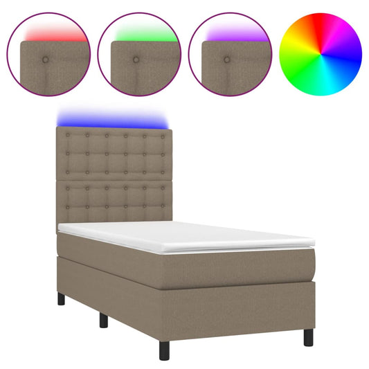 vidaXL Κρεβάτι Boxspring με Στρώμα & LED Taupe 90x200 εκ. Υφασμάτινο