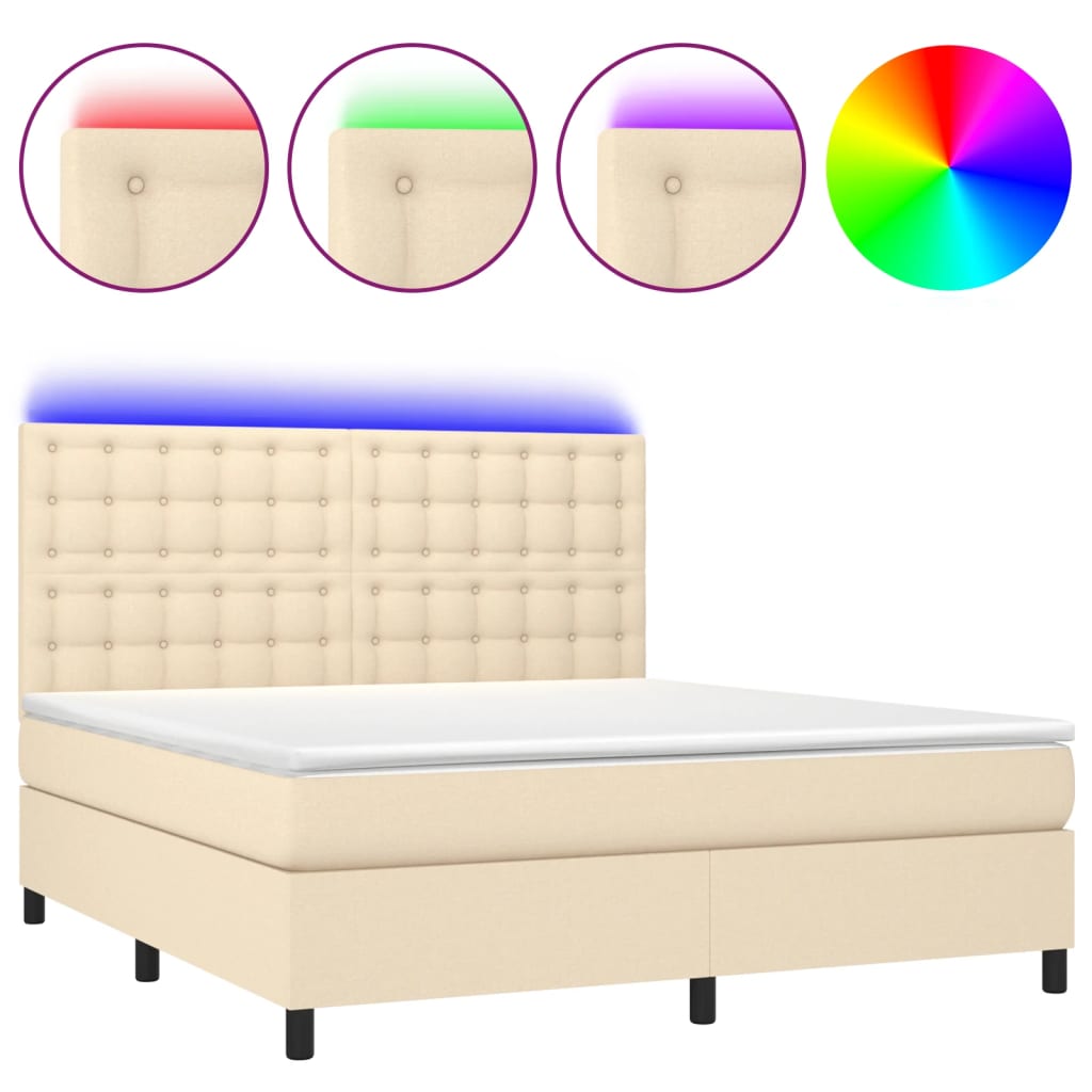 vidaXL Κρεβάτι Boxspring με Στρώμα & LED Κρεμ 180x200 εκ. Υφασμάτινο