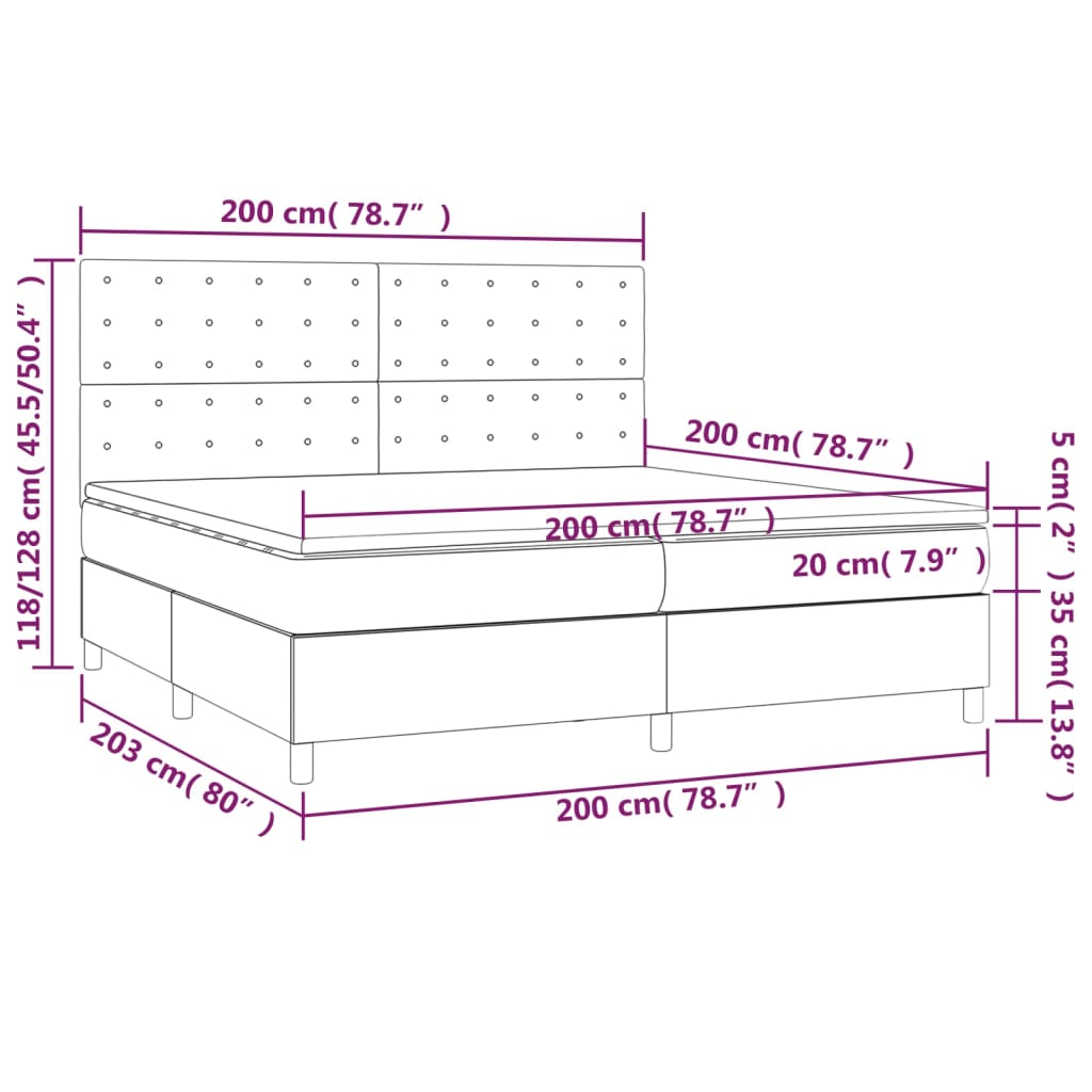 vidaXL Κρεβάτι Boxspring με Στρώμα & LED Αν.Γκρι 200x200εκ. Υφασμάτινο