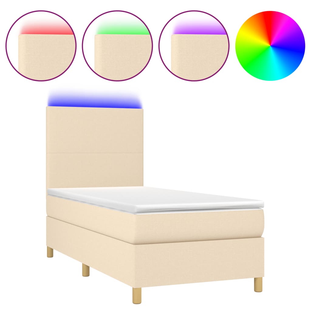 vidaXL Κρεβάτι Boxspring με Στρώμα & LED Κρεμ 90x190 εκ. Υφασμάτινο
