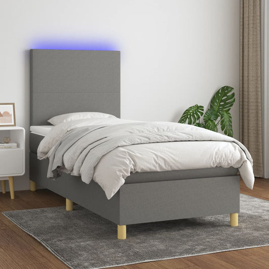 vidaXL Κρεβάτι Boxspring με Στρώμα & LED Σκ.Γκρι 90x200 εκ. Υφασμάτινο