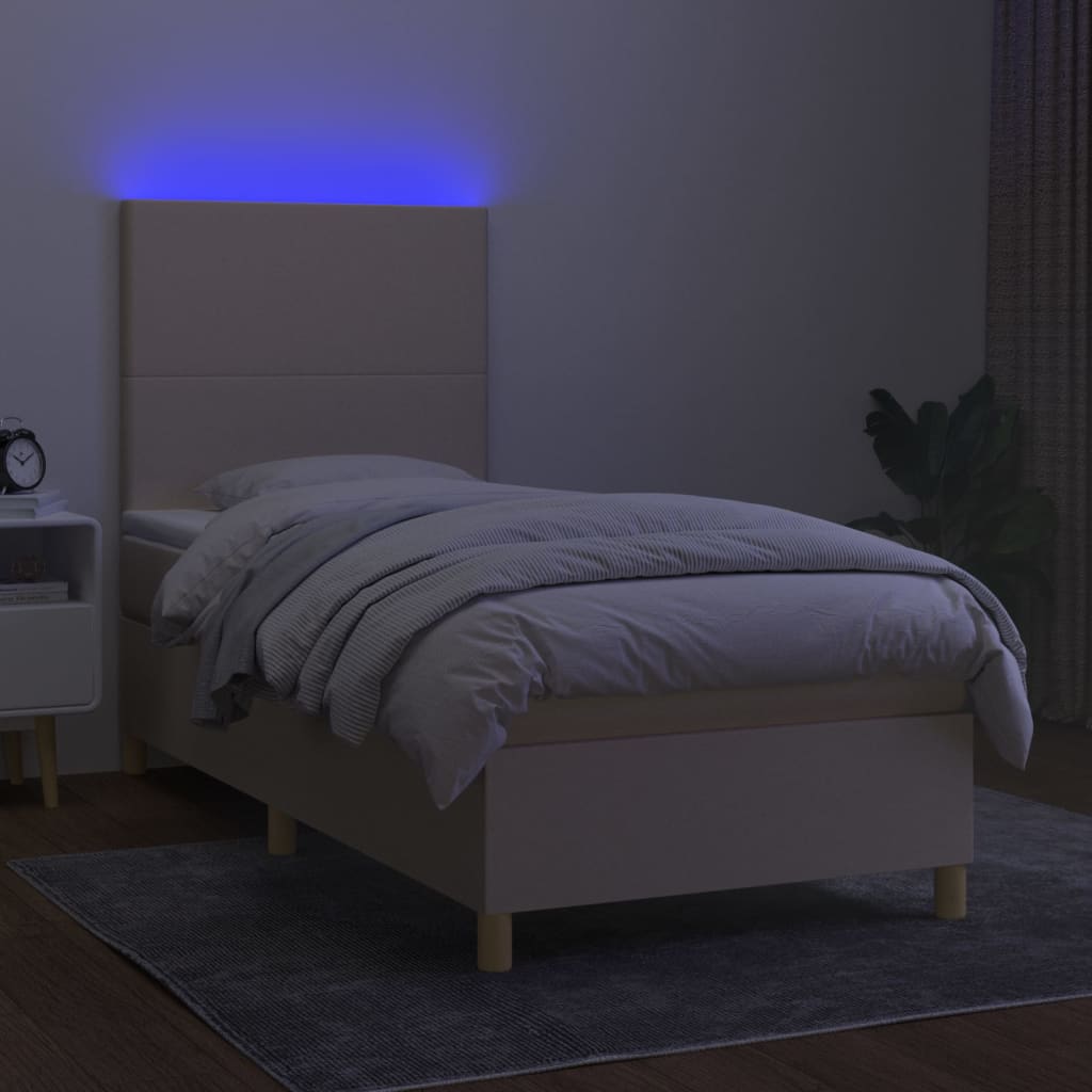 vidaXL Κρεβάτι Boxspring με Στρώμα & LED Κρεμ 90x200 εκ. Υφασμάτινο