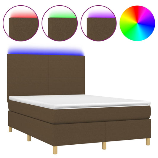 vidaXL Κρεβάτι Boxspring με Στρώμα & LED Σκ.Καφέ 140x190εκ. Υφασμάτινο