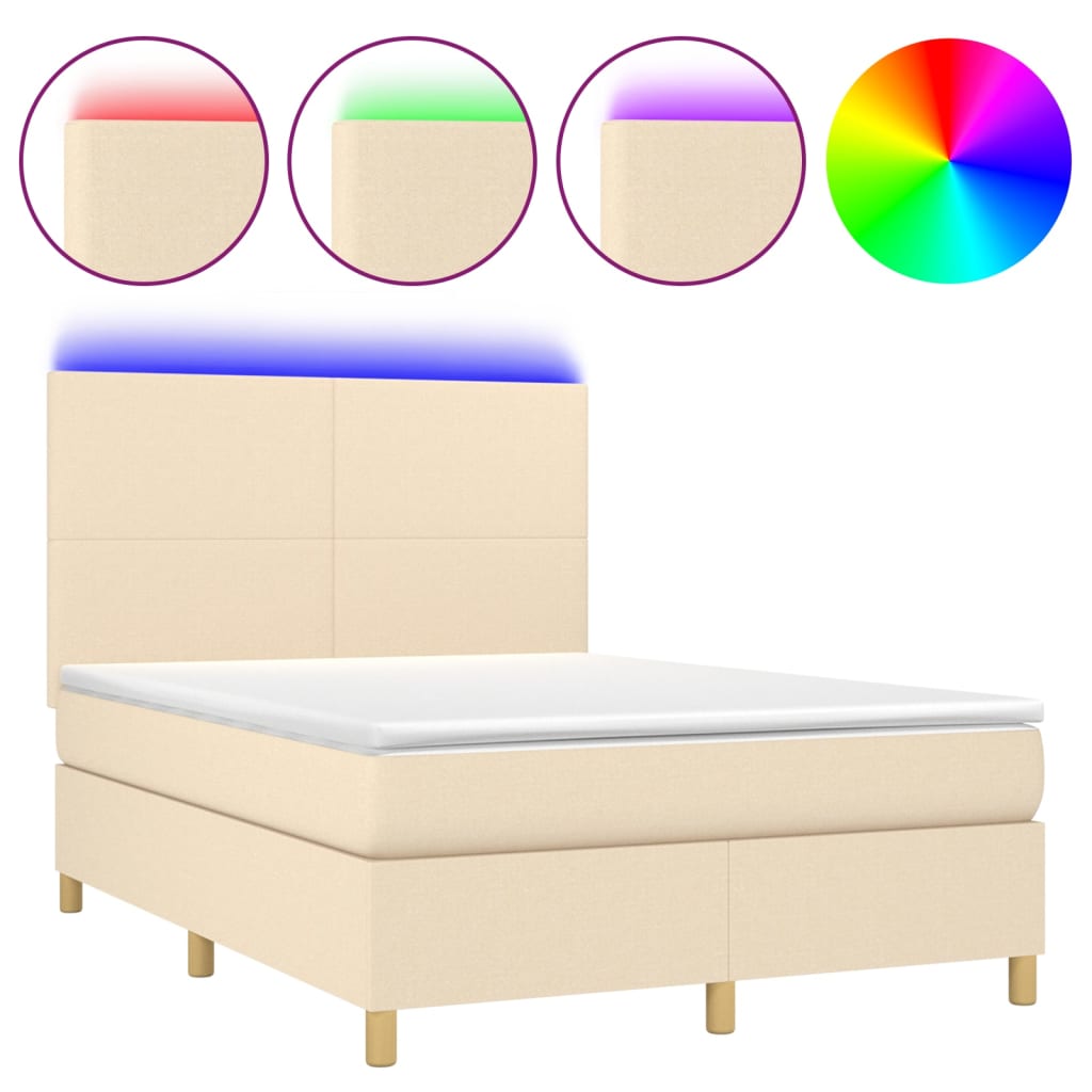 vidaXL Κρεβάτι Boxspring με Στρώμα & LED Κρεμ 140x190 εκ. Υφασμάτινο