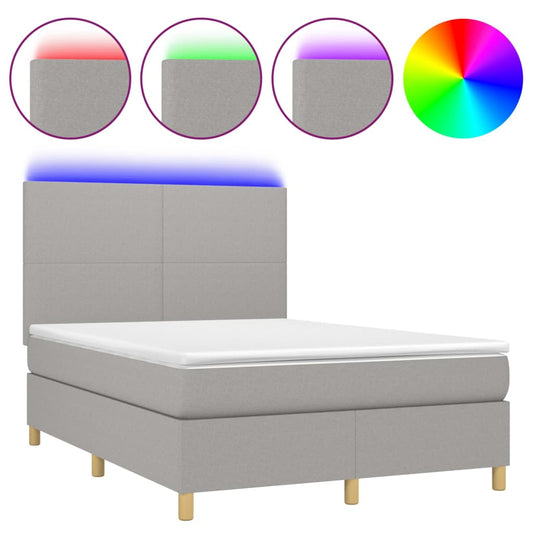 vidaXL Κρεβάτι Boxspring με Στρώμα & LED Αν.Γκρι 140x200εκ. Υφασμάτινο