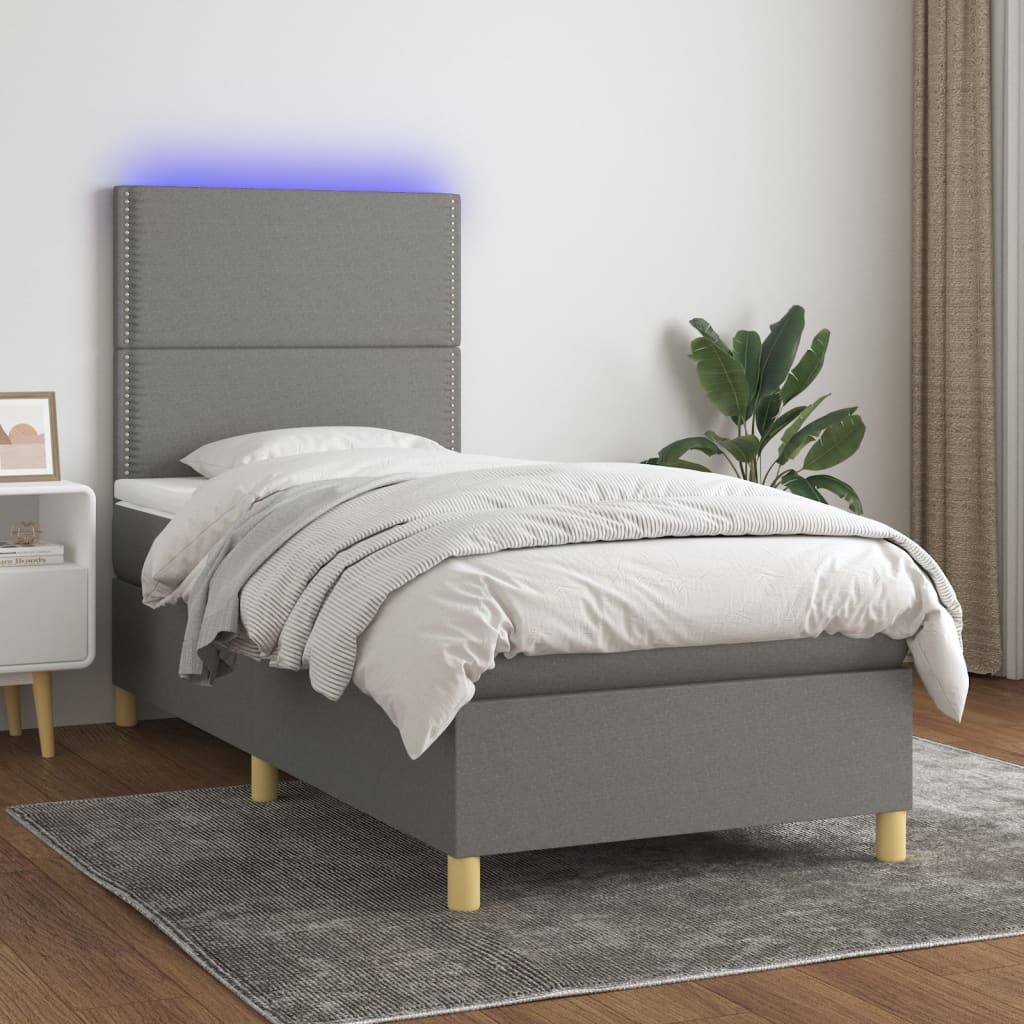 vidaXL Κρεβάτι Boxspring με Στρώμα & LED Σκ.Γκρι 90x200 εκ. Υφασμάτινο