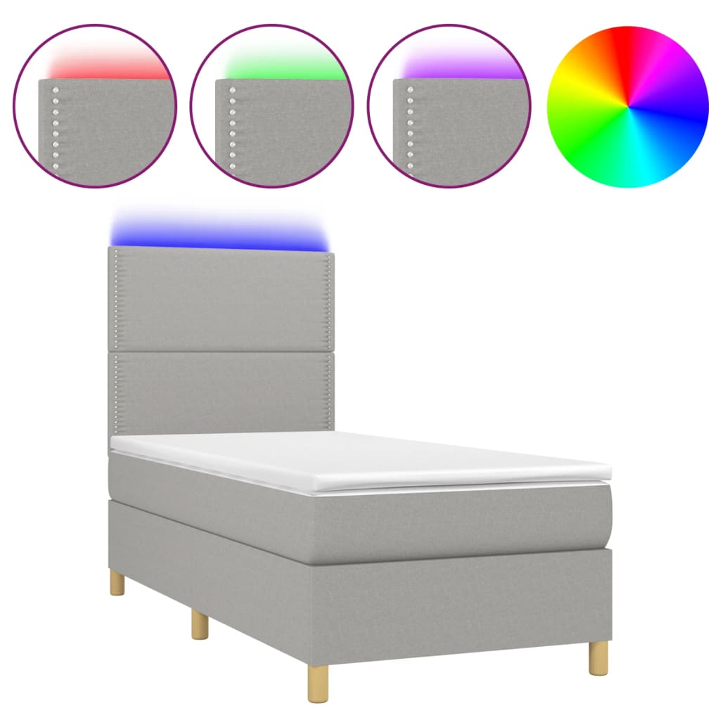 vidaXL Κρεβάτι Boxspring με Στρώμα & LED Αν.Γκρι 100x200εκ. Υφασμάτινο