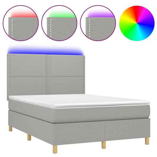 vidaXL Κρεβάτι Boxspring με Στρώμα & LED Αν.Γκρι 140x190εκ. Υφασμάτινο