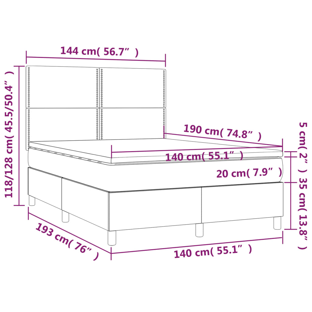 vidaXL Κρεβάτι Boxspring με Στρώμα & LED Σκ.Γκρι 140x190εκ. Υφασμάτινο