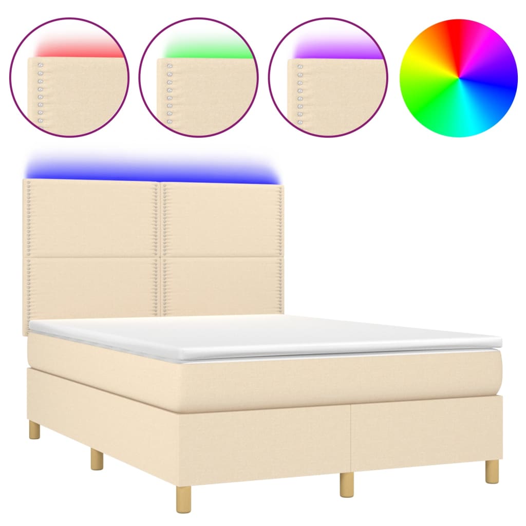 vidaXL Κρεβάτι Boxspring με Στρώμα & LED Κρεμ 140x190 εκ. Υφασμάτινο