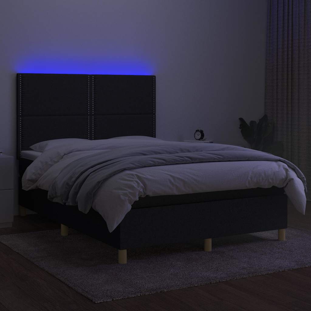 vidaXL Κρεβάτι Boxspring με Στρώμα & LED Μαύρο 140x200 εκ. Υφασμάτινο