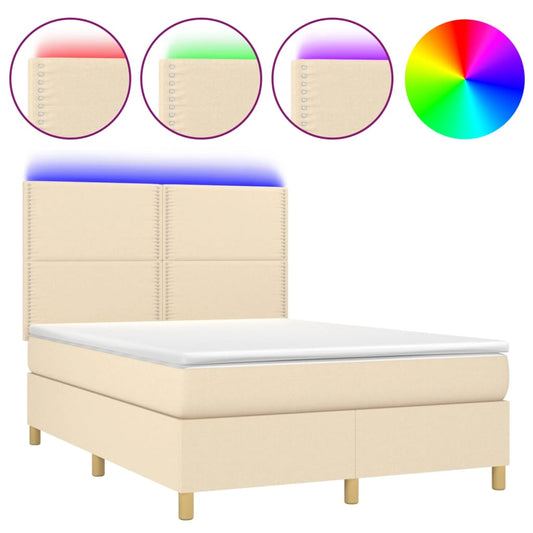 vidaXL Κρεβάτι Boxspring με Στρώμα & LED Κρεμ 140x200 εκ. Υφασμάτινο