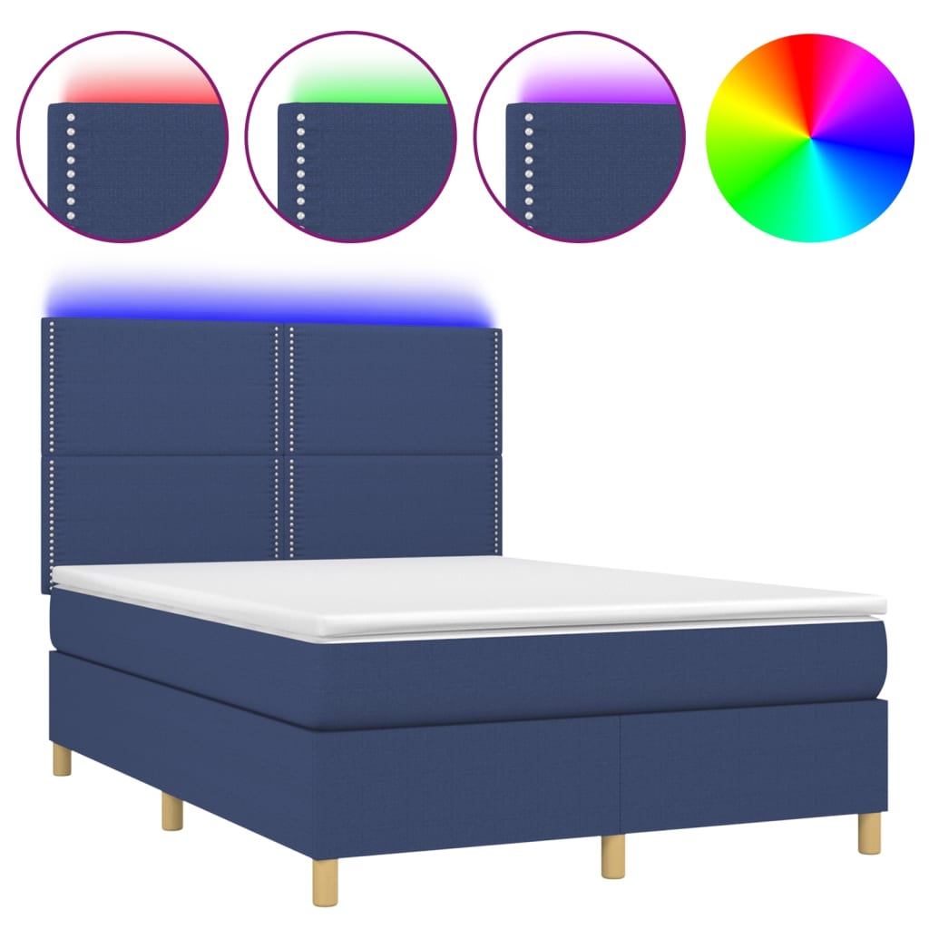 vidaXL Κρεβάτι Boxspring με Στρώμα & LED Μπλε 140x200 εκ. Υφασμάτινο