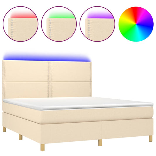 vidaXL Κρεβάτι Boxspring με Στρώμα & LED Κρεμ 180x200 εκ. Υφασμάτινο