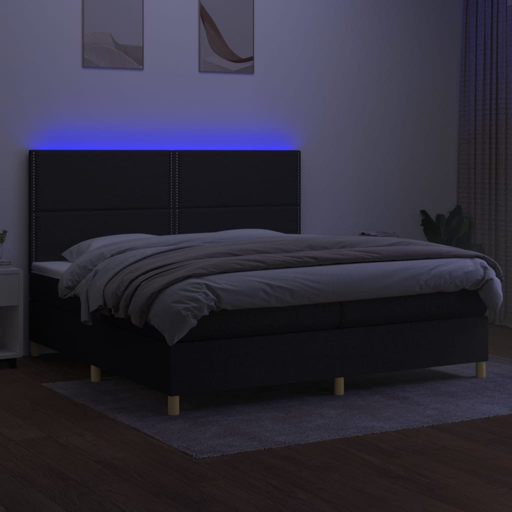 vidaXL Κρεβάτι Boxspring με Στρώμα & LED Μαύρο 200x200 εκ. Υφασμάτινο