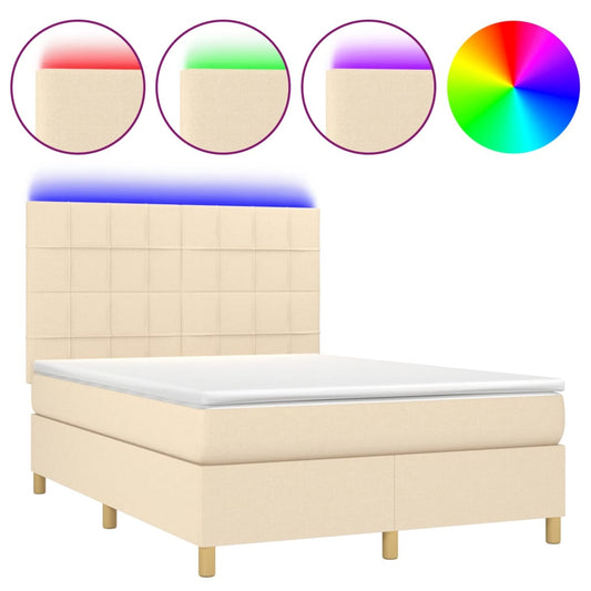 vidaXL Κρεβάτι Boxspring με Στρώμα & LED Κρεμ 140x190 εκ. Υφασμάτινο