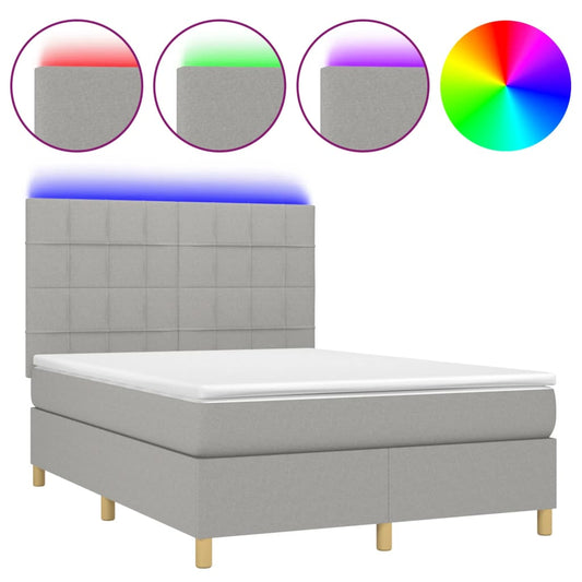 vidaXL Κρεβάτι Boxspring με Στρώμα & LED Αν.Γκρι 140x200εκ. Υφασμάτινο