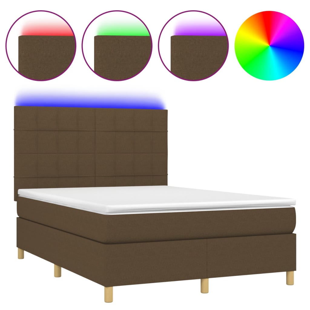 vidaXL Κρεβάτι Boxspring με Στρώμα & LED Σκ.Καφέ 140x200 εκ Υφασμάτινο