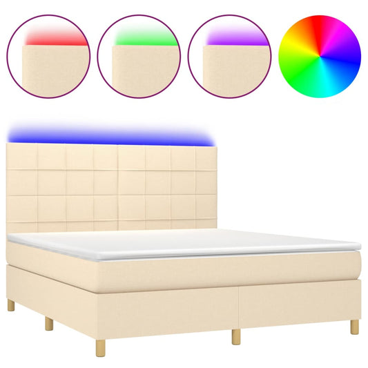 vidaXL Κρεβάτι Boxspring με Στρώμα & LED Κρεμ 180x200 εκ. Υφασμάτινο