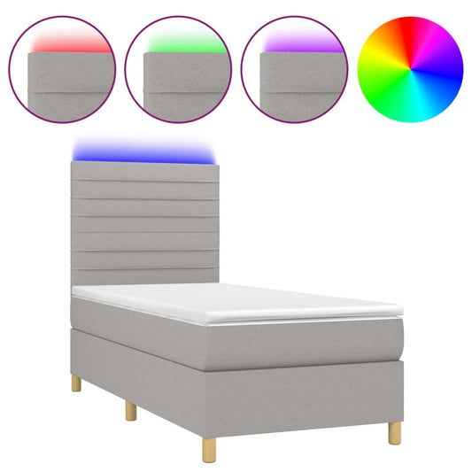 vidaXL Κρεβάτι Boxspring με Στρώμα & LED Αν.Γκρι 90x190 εκ. Υφασμάτινο