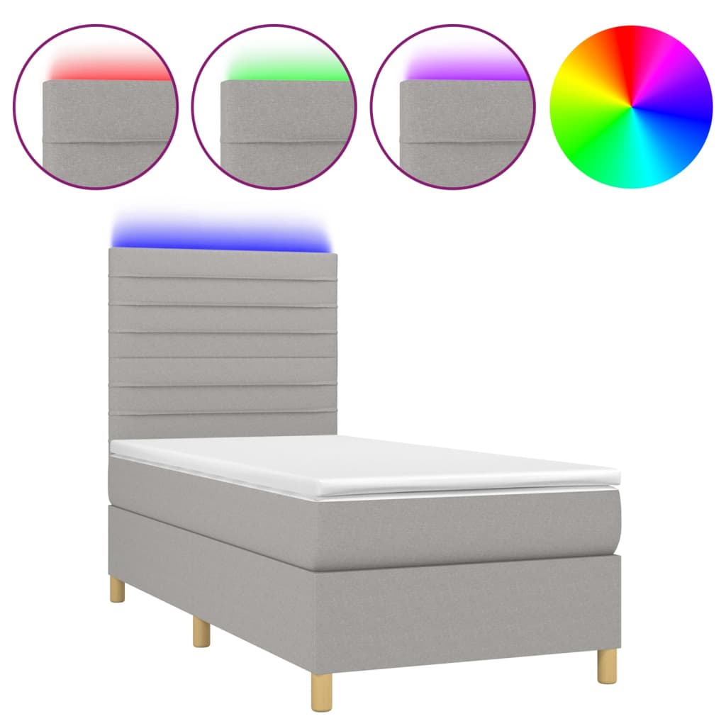 vidaXL Κρεβάτι Boxspring με Στρώμα & LED Αν.Γκρι 90x200 εκ. Υφασμάτινο