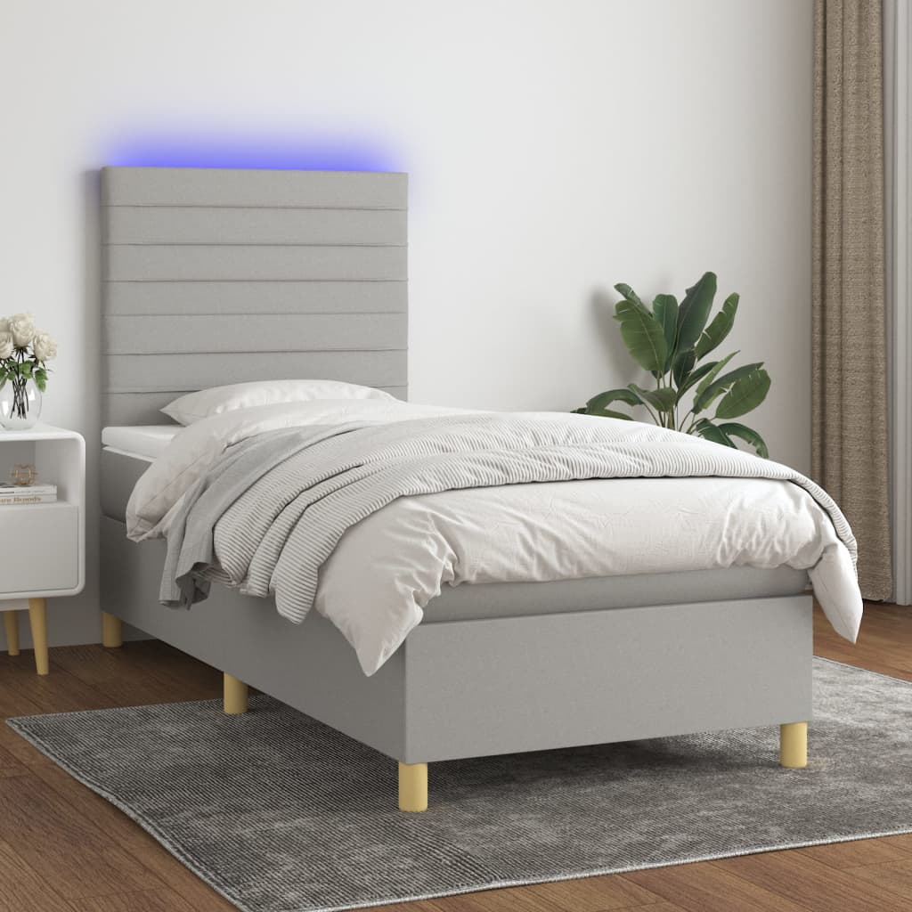 vidaXL Κρεβάτι Boxspring με Στρώμα & LED Αν.Γκρι 90x200 εκ. Υφασμάτινο