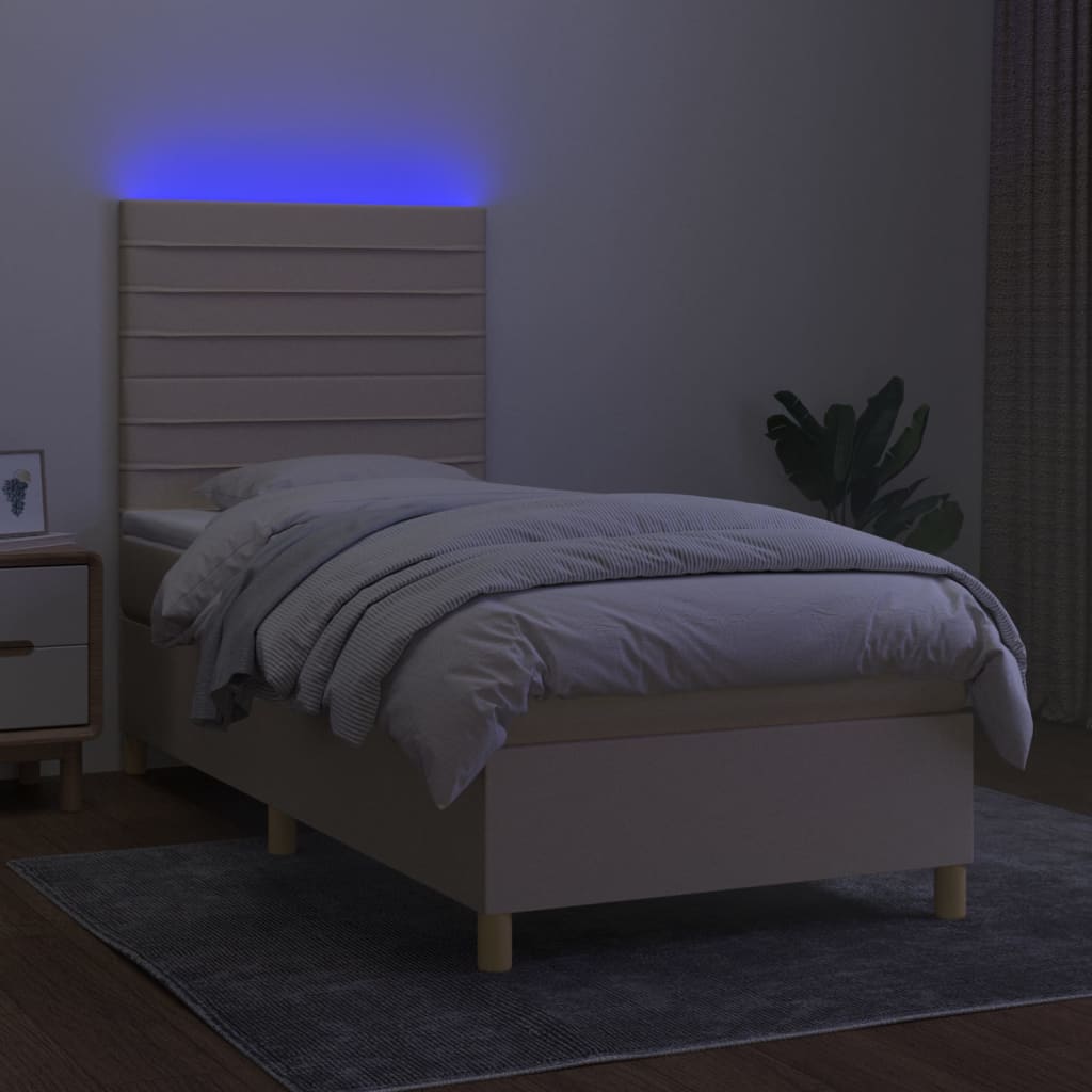 vidaXL Κρεβάτι Boxspring με Στρώμα & LED Κρεμ 90x200 εκ. Υφασμάτινο