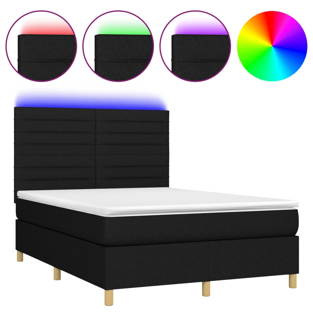vidaXL Κρεβάτι Boxspring με Στρώμα & LED Μαύρο 140x190 εκ. Υφασμάτινο
